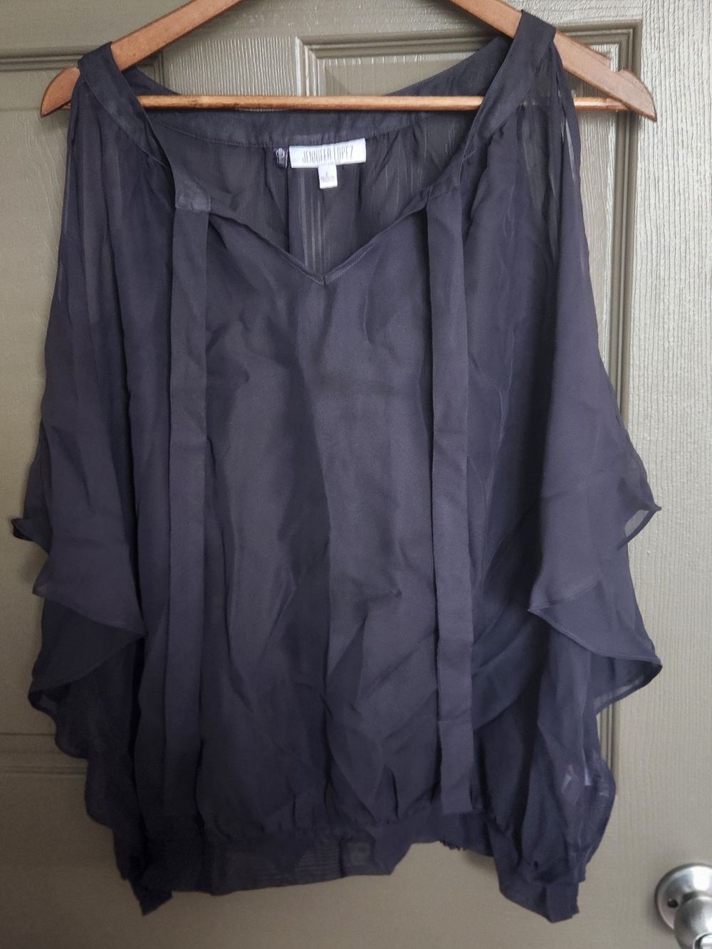 Jennifer Lopez Navy Blue Chiffon Ruffle Sleeve Blouse